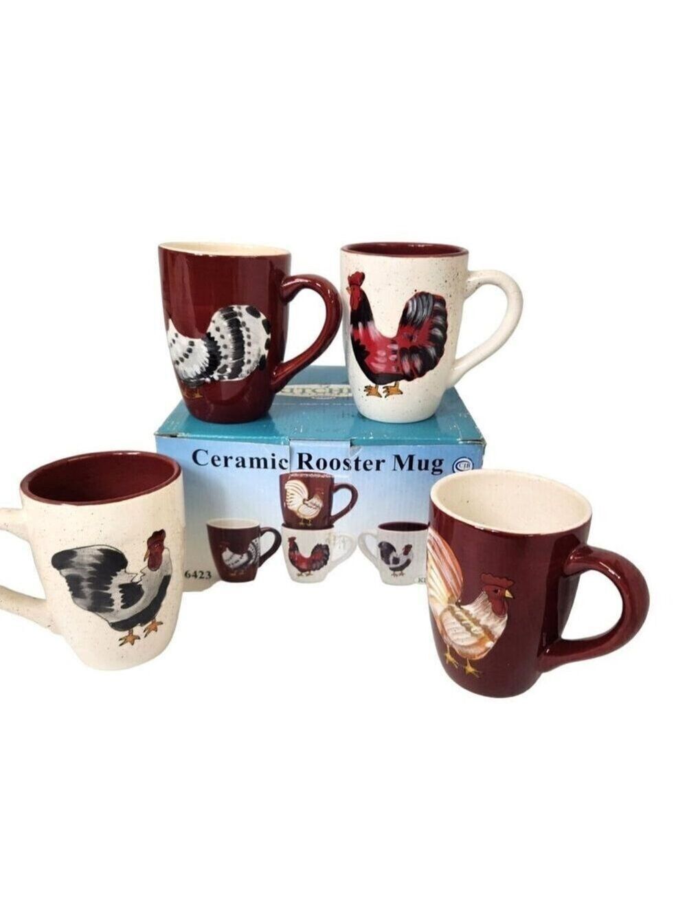 Rooster Mugs Kitchen Creations Colorful Design Country Farmhouse Decor Set of 4
